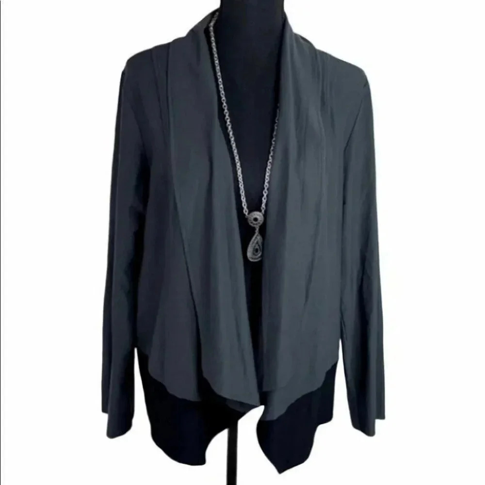 Eileen Fisher L gray/black color block viscose blend‎ open draped cardigan